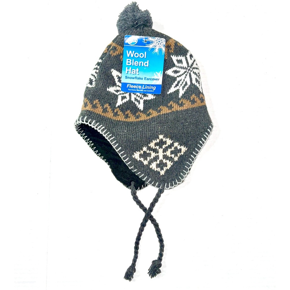NWT Winter Hat With Ear Flaps Men’s OS Gray Brown Fleece Lined Snowflake Pattern